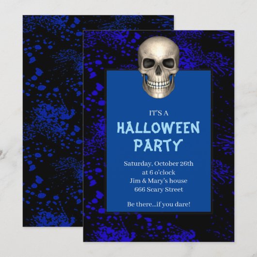 Gothic Schedel Blauw Spatten Halloween Feest Kaart (Voorkant / Achterkant)