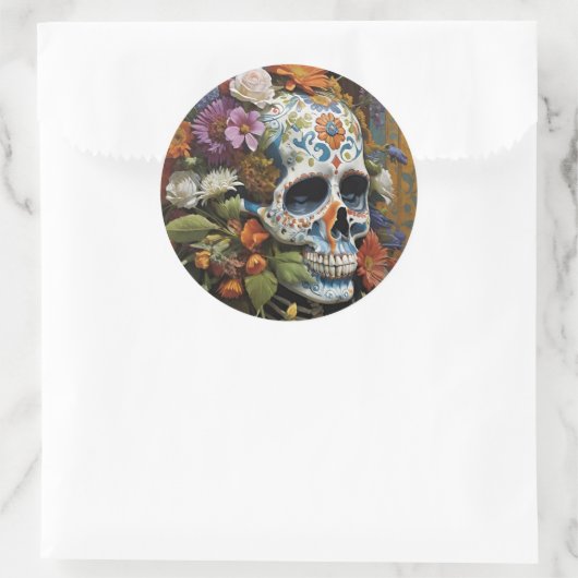 Gothic Schedel en Bloemen Dag van de Doden Ronde Sticker (Tas)