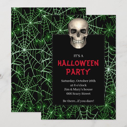 Gothic Schedel Groen Spinnebaad Halloween Feest Kaart (Voorkant / Achterkant)