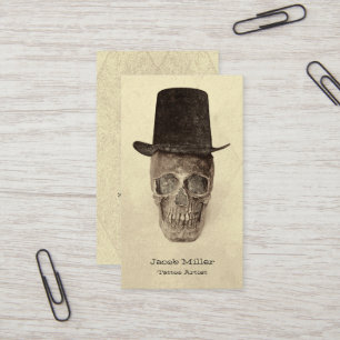 Gothic schedel met hoge hoed Sepia  Tattoo Shop Visitekaartje