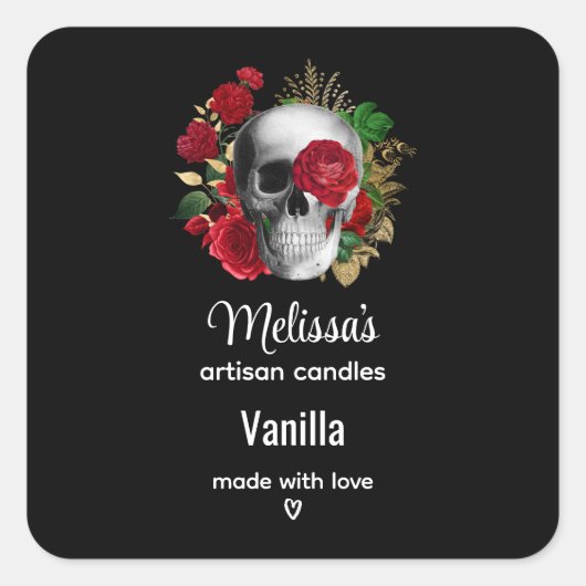 Gothic schedel met Red Flowers Kandle Business Vierkante Sticker (Voorkant)