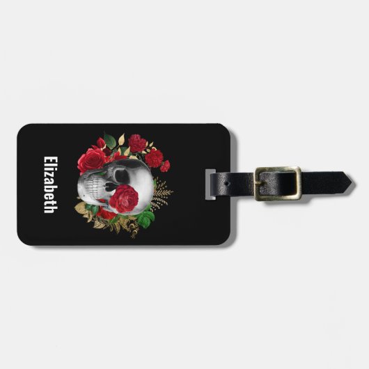 Gothic schedel met rode bloemen en gouden bladeren bagagelabel (Voorkant horizontaal)