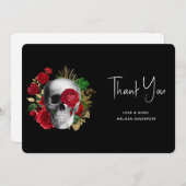 Gothic schedel met rode bloemen en gouden bladeren bedankkaart (Voorkant / Achterkant)