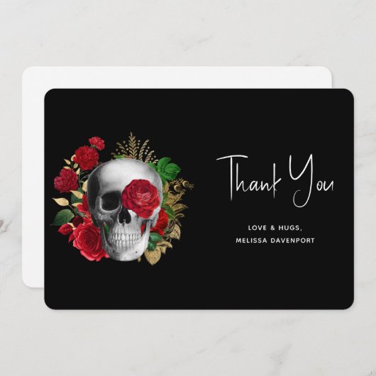 Gothic schedel met rode bloemen en gouden bladeren bedankkaart (Voorkant / Achterkant)