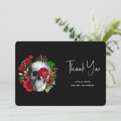 Gothic schedel met rode bloemen en gouden bladeren bedankkaart (Staand voorkant)