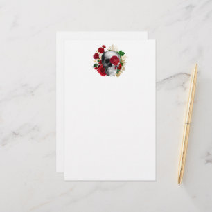 Gothic schedel met rode bloemen en gouden bladeren briefpapier