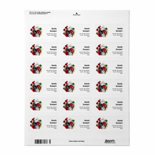 Gothic schedel met rode bloemen en gouden bladeren etiket (Full Sheet)