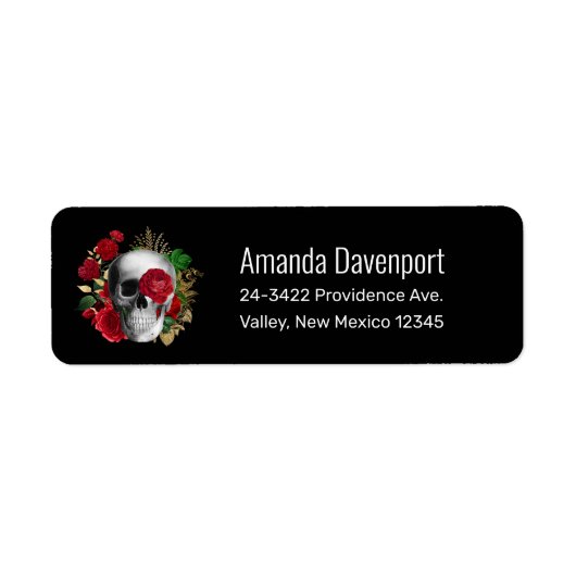 Gothic schedel met rode bloemen en gouden bladeren etiket (Voorkant)