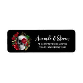 Gothic schedel met rode bloemen en gouden bladeren etiket