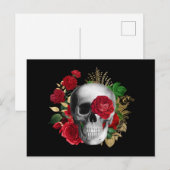 Gothic schedel met rode bloemen en gouden bladeren feestdagenkaart (Voorkant / Achterkant)