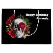 Gothic schedel met rode bloemen en gouden bladeren groot cadeauzakje (Voorkant)