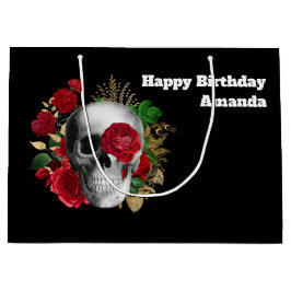 Gothic schedel met rode bloemen en gouden bladeren groot cadeauzakje