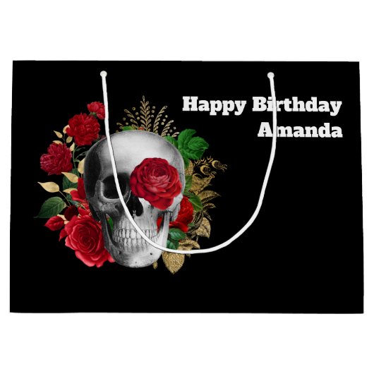 Gothic schedel met rode bloemen en gouden bladeren groot cadeauzakje (Voorkant)