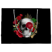 Gothic schedel met rode bloemen en gouden bladeren groot cadeauzakje (Achterkant)