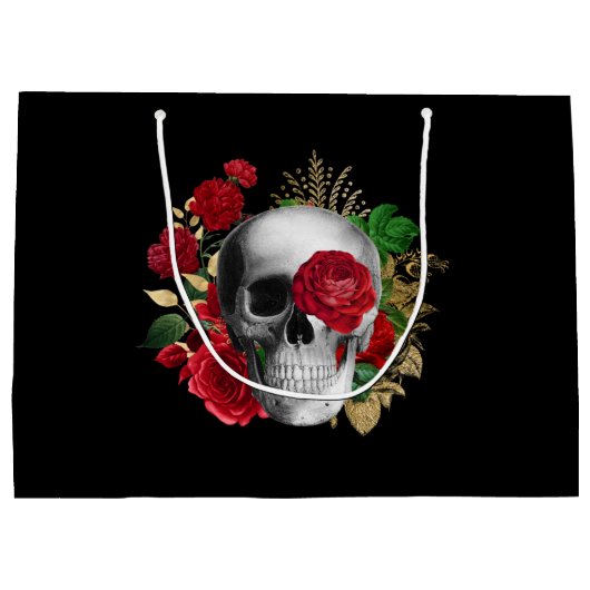 Gothic schedel met rode bloemen en gouden bladeren groot cadeauzakje (Achterkant)