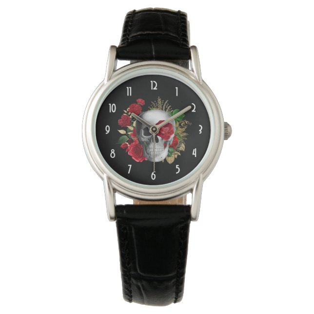 Gothic schedel met rode bloemen en gouden bladeren horloge (Voorkant)