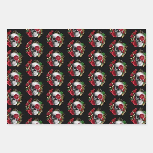 Gothic schedel met rode bloemen en gouden bladeren inpakpapier vel (Voorkant 2)