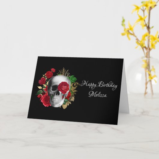 Gothic schedel met rode bloemen en gouden bladeren kaart (Gele Bloem)