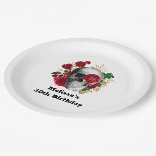 Gothic schedel met rode bloemen en gouden bladeren papieren bordje (Gekanteld)