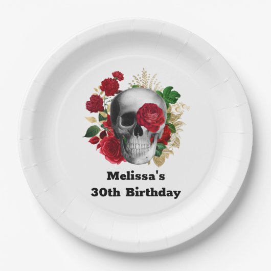 Gothic schedel met rode bloemen en gouden bladeren papieren bordje (Voorkant)