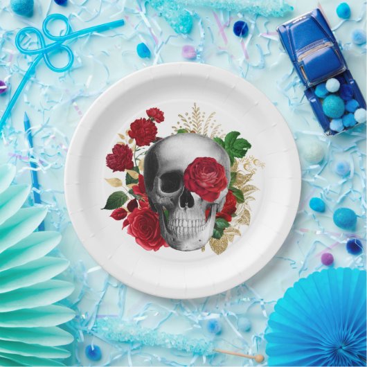 Gothic schedel met rode bloemen en gouden bladeren papieren bordje (Feest)