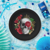 Gothic schedel met rode bloemen en gouden bladeren papieren bordje (Feest)