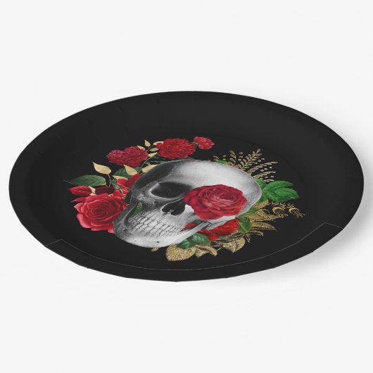 Gothic schedel met rode bloemen en gouden bladeren papieren bordje (Gekanteld)