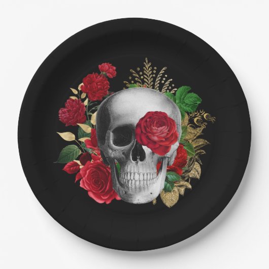 Gothic schedel met rode bloemen en gouden bladeren papieren bordje (Voorkant)