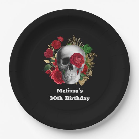 Gothic schedel met rode bloemen en gouden bladeren papieren bordje (Voorkant)