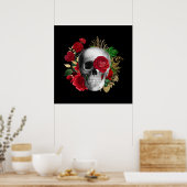 Gothic schedel met rode bloemen en gouden bladeren poster (Keuken)