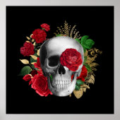 Gothic schedel met rode bloemen en gouden bladeren poster (Voorkant)
