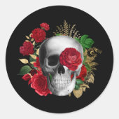 Gothic schedel met rode bloemen en gouden bladeren ronde sticker (Voorkant)