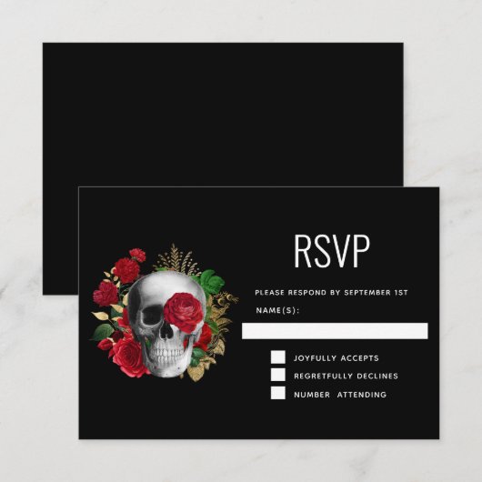 Gothic schedel met rode bloemen en gouden bladeren RSVP kaartje (Voorkant / Achterkant)