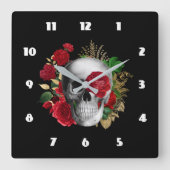 Gothic schedel met rode bloemen en gouden bladeren vierkante klok (Voorkant)