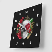 Gothic schedel met rode bloemen en gouden bladeren vierkante klok (Hoek)