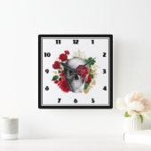 Gothic schedel met rode bloemen en gouden bladeren vierkante klok (Huis)