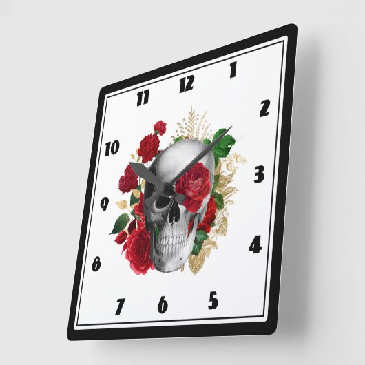 Gothic schedel met rode bloemen en gouden bladeren vierkante klok (Hoek)