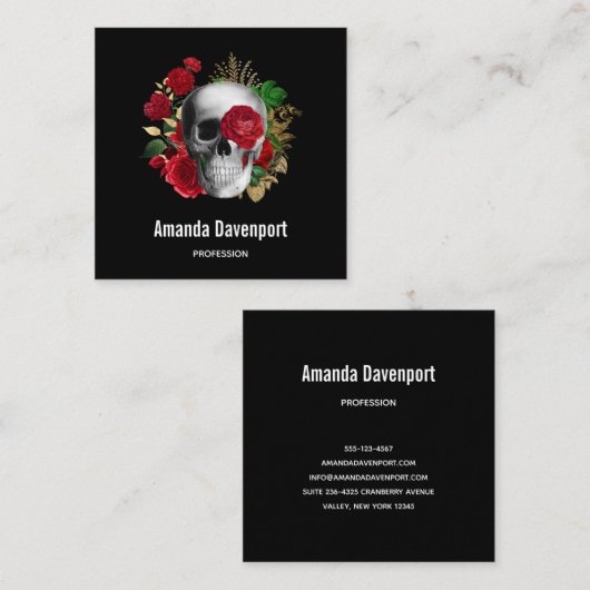 Gothic schedel met rode bloemen en gouden bladeren vierkante visitekaartje (Voorkant / Achterkant)
