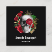 Gothic schedel met rode bloemen en gouden bladeren vierkante visitekaartje (Voorkant)