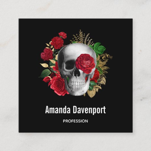 Gothic schedel met rode bloemen en gouden bladeren vierkante visitekaartje (Voorkant)