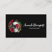 Gothic schedel met rode bloemen en gouden bladeren visitekaartje (Voorkant)