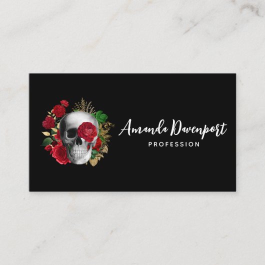 Gothic schedel met rode bloemen en gouden bladeren visitekaartje (Voorkant)