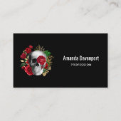 Gothic schedel met rode bloemen en gouden bladeren visitekaartje (Voorkant)