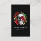 Gothic schedel met rode bloemen en gouden bladeren visitekaartje (Voorkant)