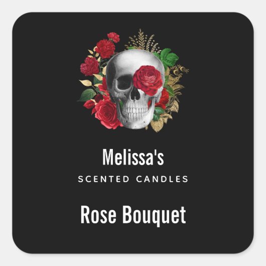 Gothic schedel met rode bloemen Kandle Biz Square Vierkante Sticker (Voorkant)
