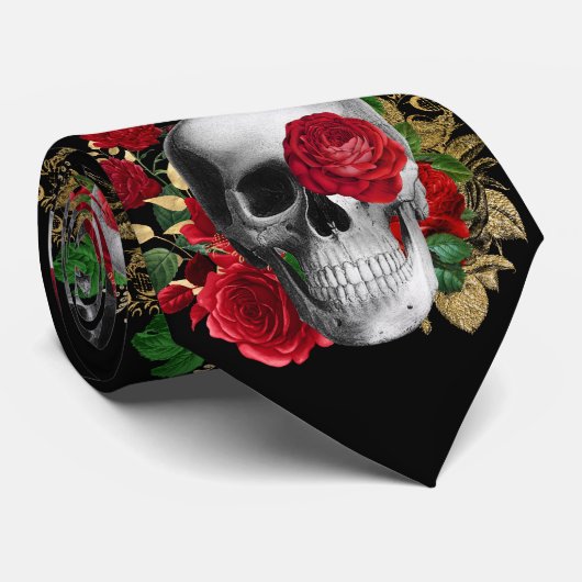 Gothic schedel met rode rozen gevild stropdas (Opgerold)