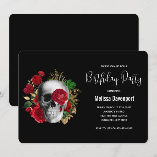 Gothic schedel met rode rozen op zaterdag kaart (Voorkant / Achterkant)