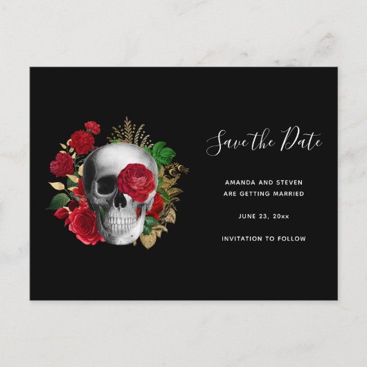 Gothic schedel met rode rozen Sla de datum op Uitnodiging Briefkaart (Voorkant)