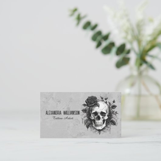  Gothic schedel met zwarte Rozen Visitekaartje (Staand voorkant)