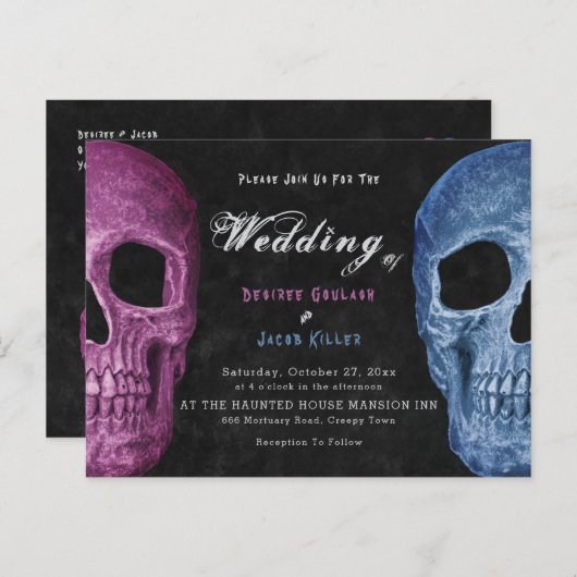 Gothic Schedel Pink Blauw Hallowedding Uitnodiging Briefkaart (Voorkant / Achterkant)